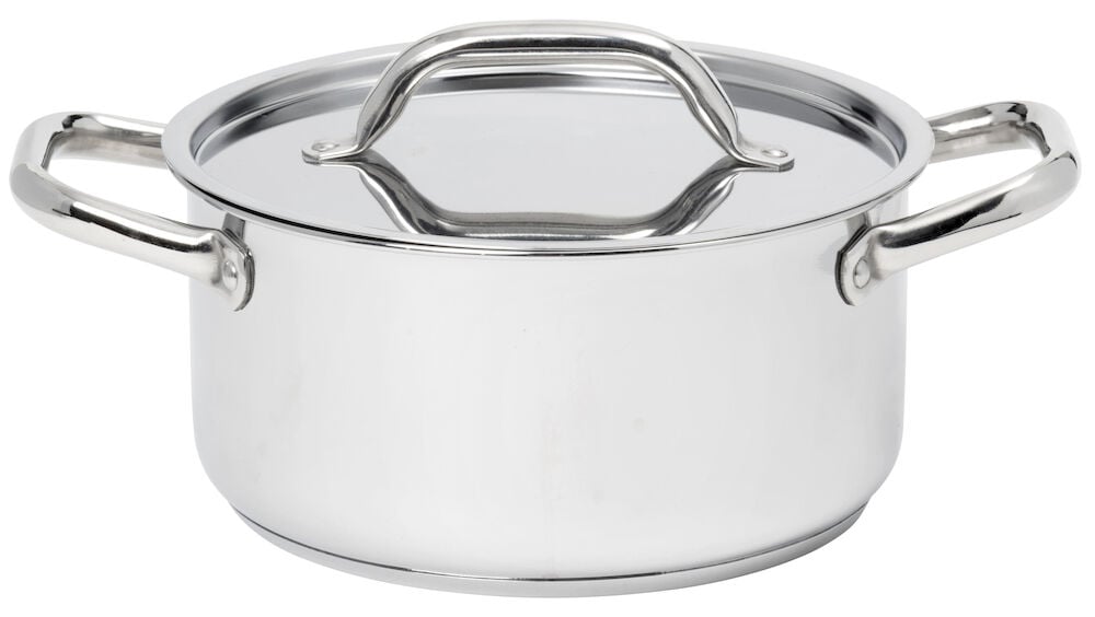 Gryte i rustfritt stål med lokk og håndtak.