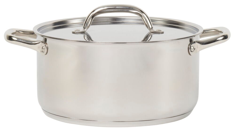 Gryta i rostfritt stål med lock och handtag.