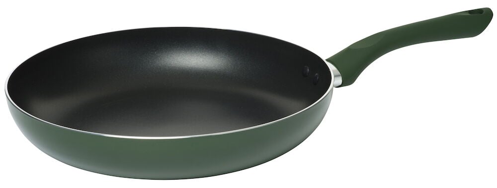 Grønn stekepanne i aluminium med nonstick-overflate.