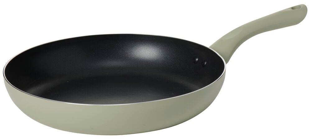 Vihreä alumiinipaistinpannu tarttumattomalla pinnalla ja kahvalla.