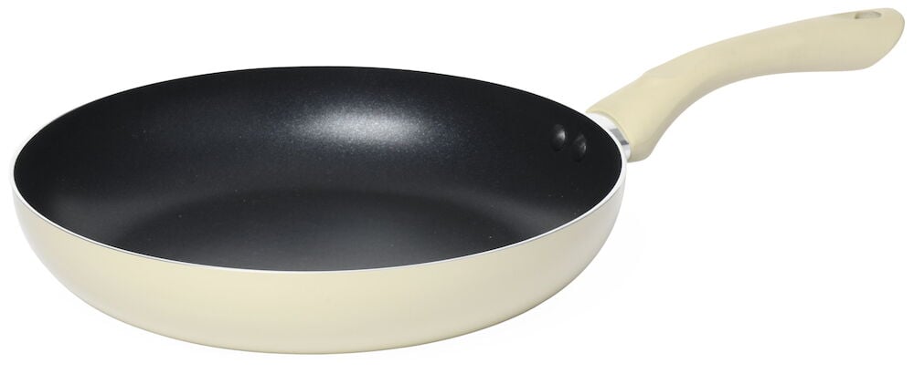 Beige stekepanne i aluminium med non-stick belegg.