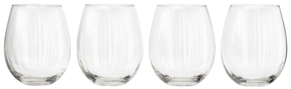 Fyra runda dricksglas med räfflad yta.