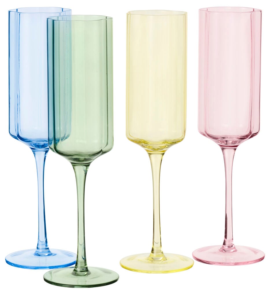 Champagneglas Estelle 24 cl, 4-pack Glas, i blått, grönt, gult och rosa med rektangulära kupor.