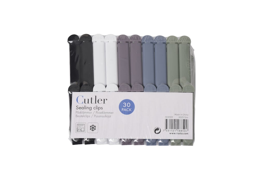 Kolmekymmentä muovipussin sulkijaa eri väreissä.