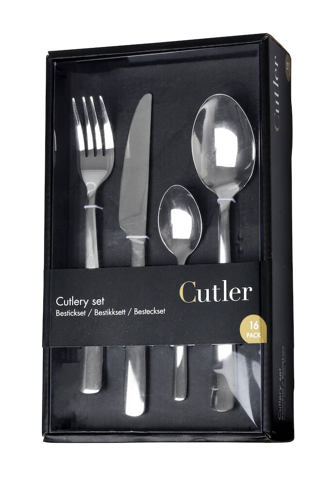 Ruokailuvälinesetti ruostumattomasta teräksestä mustassa pakkauksessa.