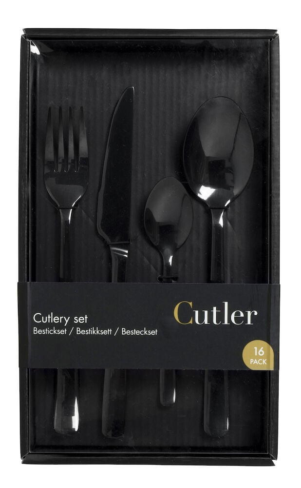 Musta ruostumattomasta teräksestä valmistettu aterinsetti lahjapakkauksessa.