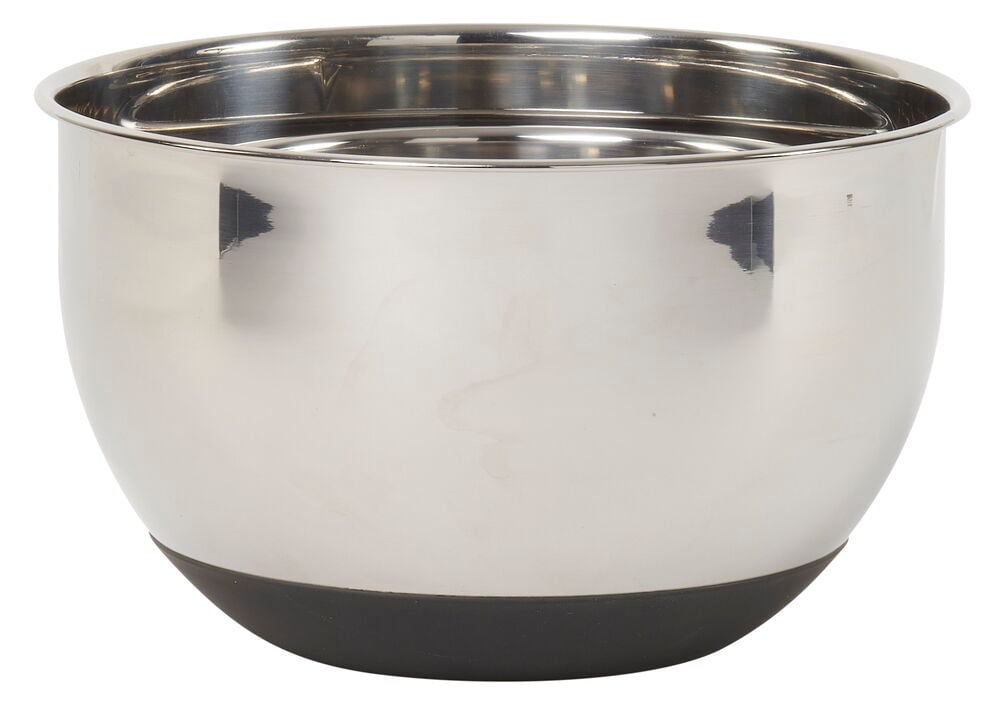 Blank rostfri stålkål med svart botten.