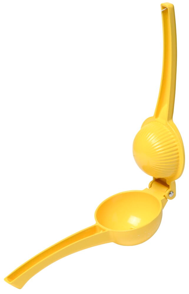 Gul citruspress med handtag och rundad kopp.