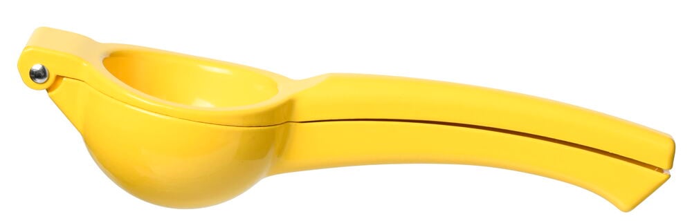 Gul citruspress i pulverlackerad aluminium med handtag.