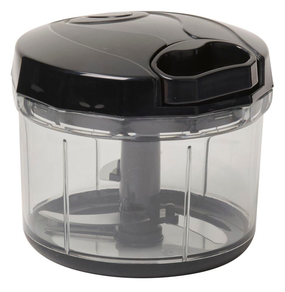Manuell matberedare med svart lock och genomskinlig behållare.