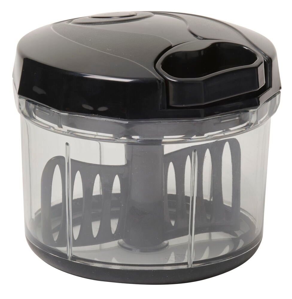 Svart manuell grönsakshackare med genomskinlig behållare.