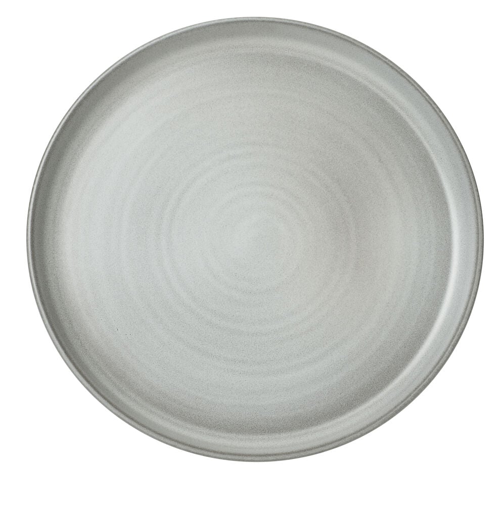 Grå rund assiett i stengods med slät yta.
