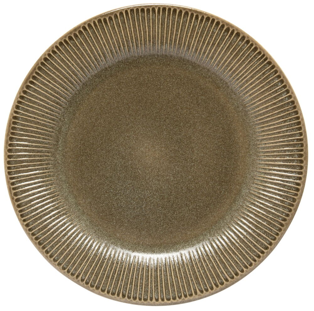 Beige steingodstallerken med dekorativt mønsterkant.