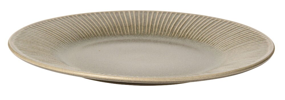 Harmaa kivitavara-lautanen koristeellisilla reunoilla.