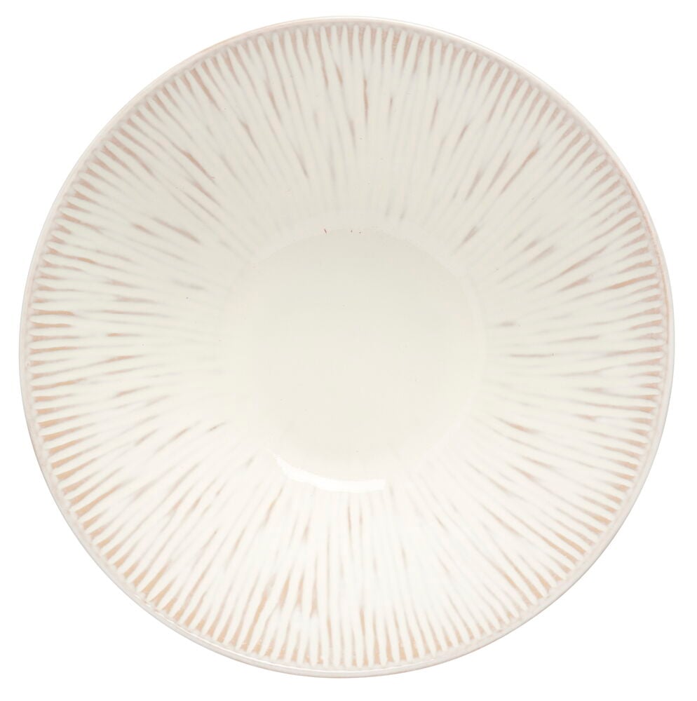 Vit salladsskål i stengods med randig struktur.