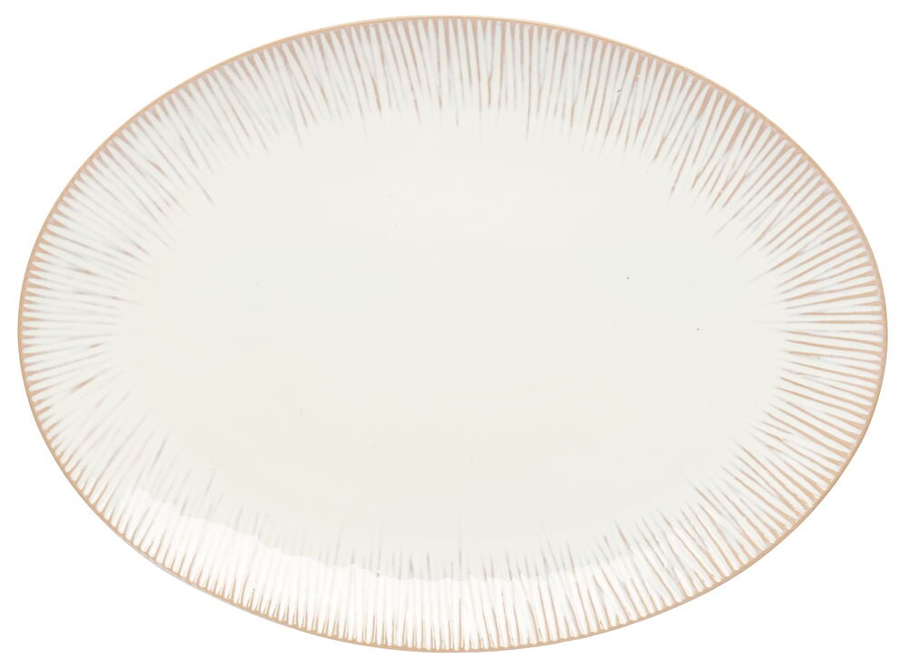 Ovaali valkoinen tarjoilulautanen, jossa on raidallinen rakenne.