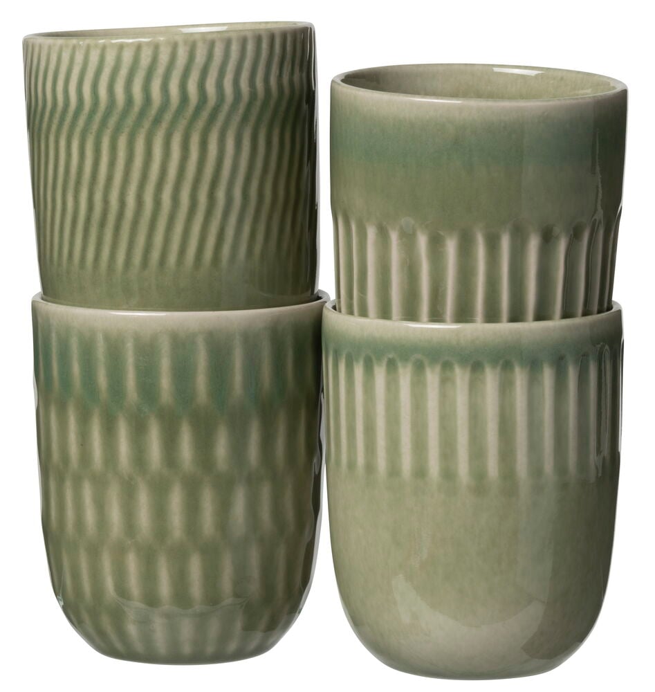 Neljä vihreää kivisavimukia ilman korvaa, kohokuvioisella kuvioinnilla.