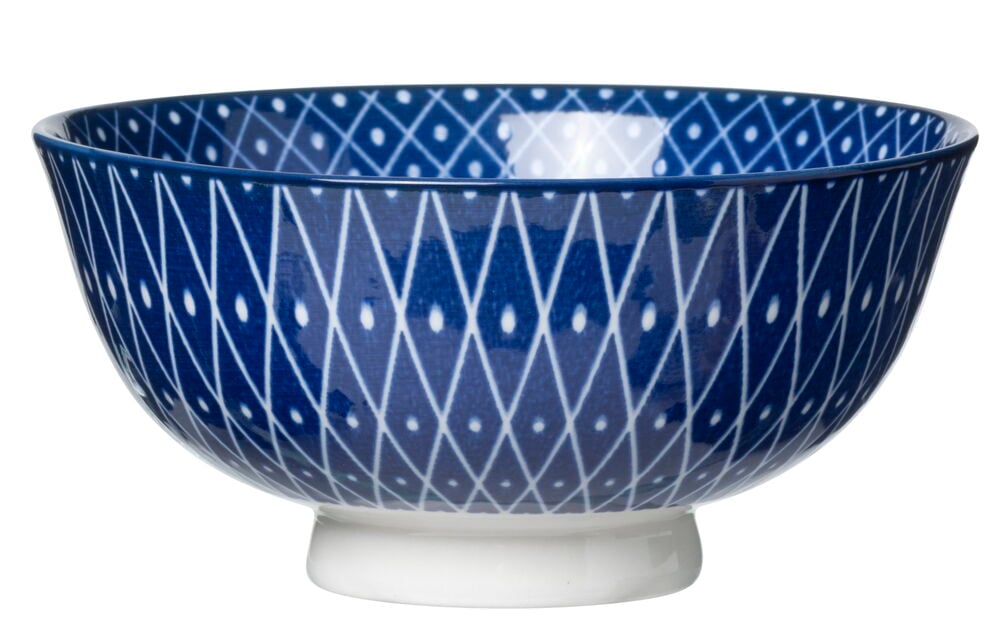 Sininen kulho, jossa on valkoinen geometrinen kuvio.