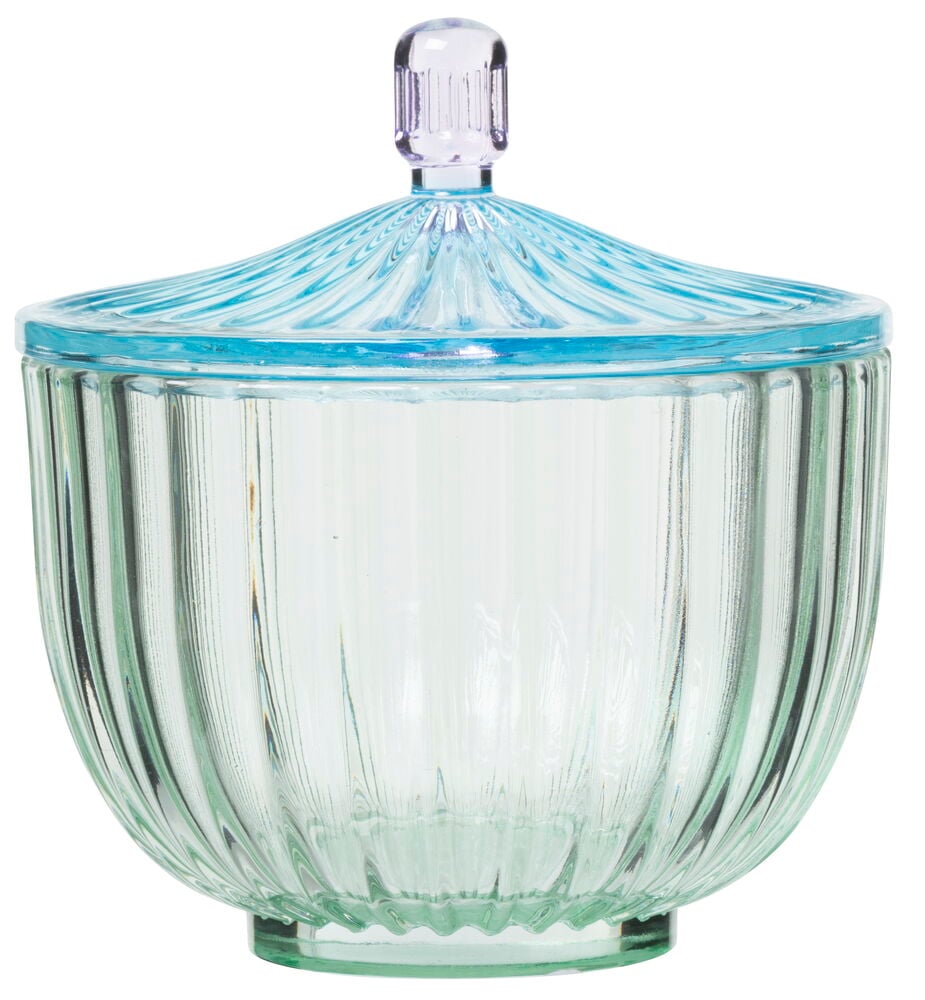 Rund glasskrukke med riller og blått lokk.
