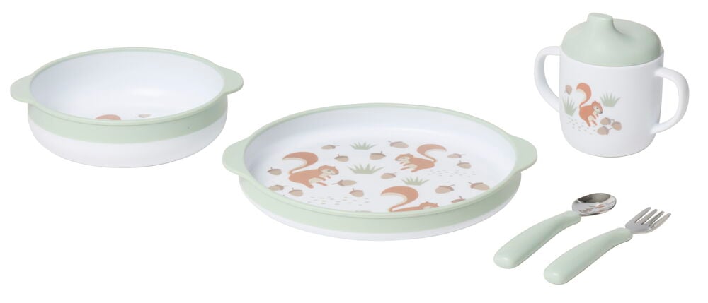 Lastensarja, jossa on lautanen, kulho, muki, lusikka, haarukka.