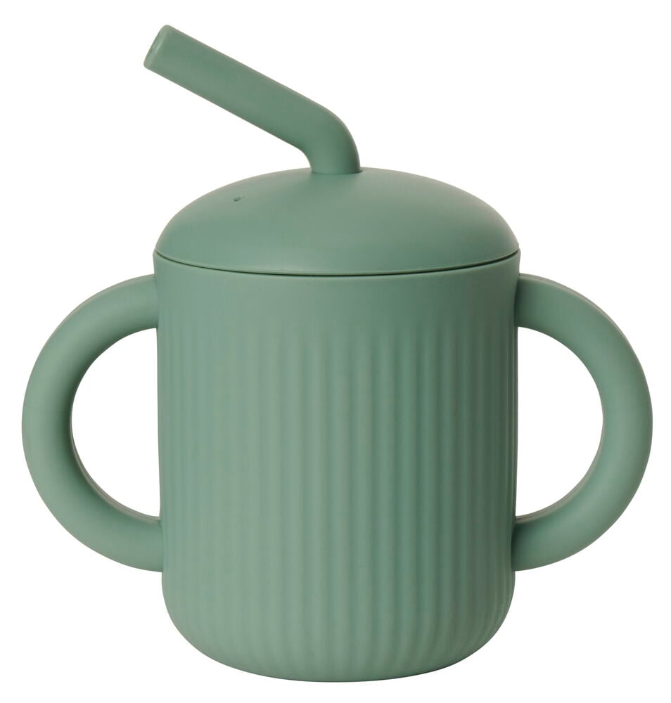 Vihreä silikonimuki, jossa on kaksi kahvaa ja pilli.