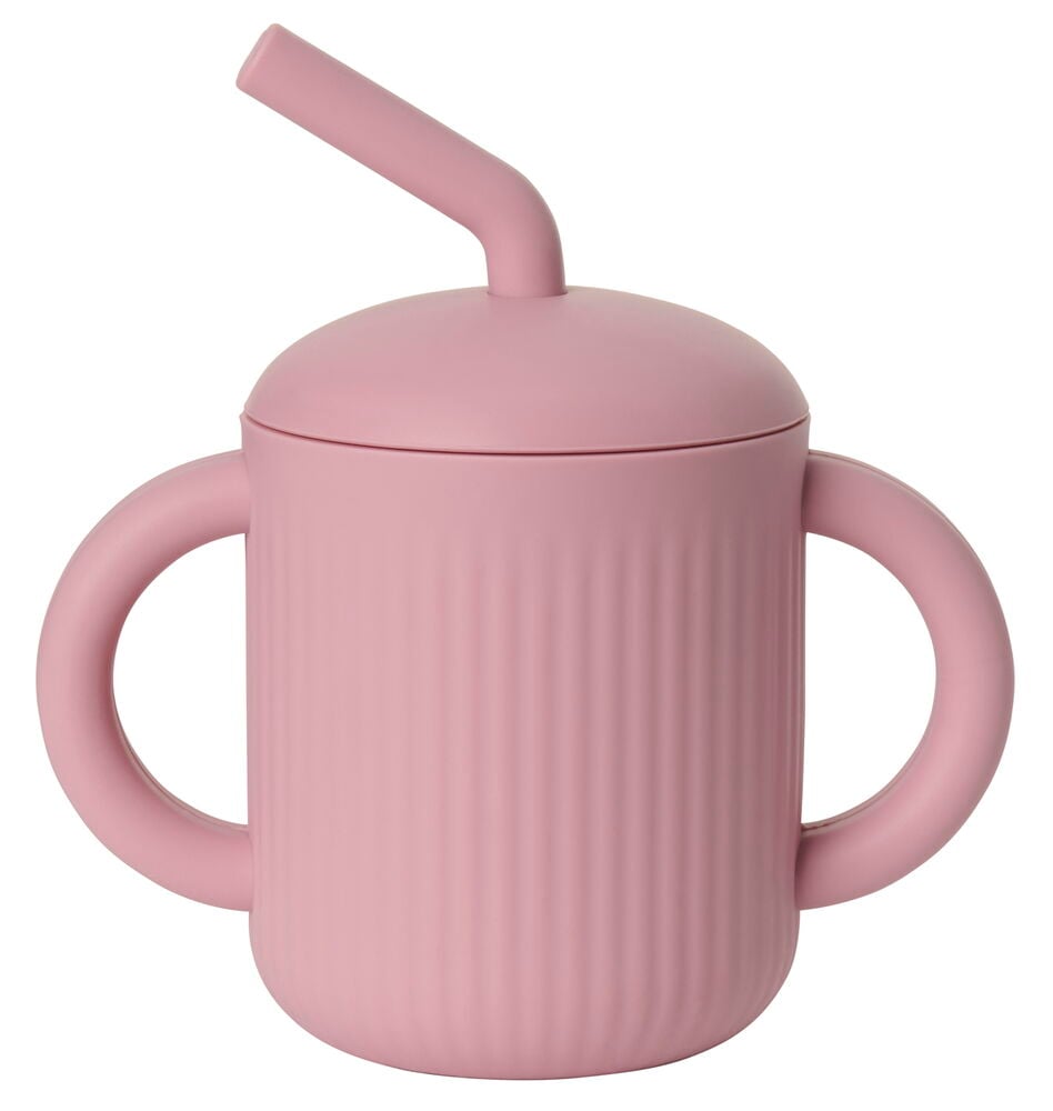 Rosa sugrörsmugg i silikon med två handtag.