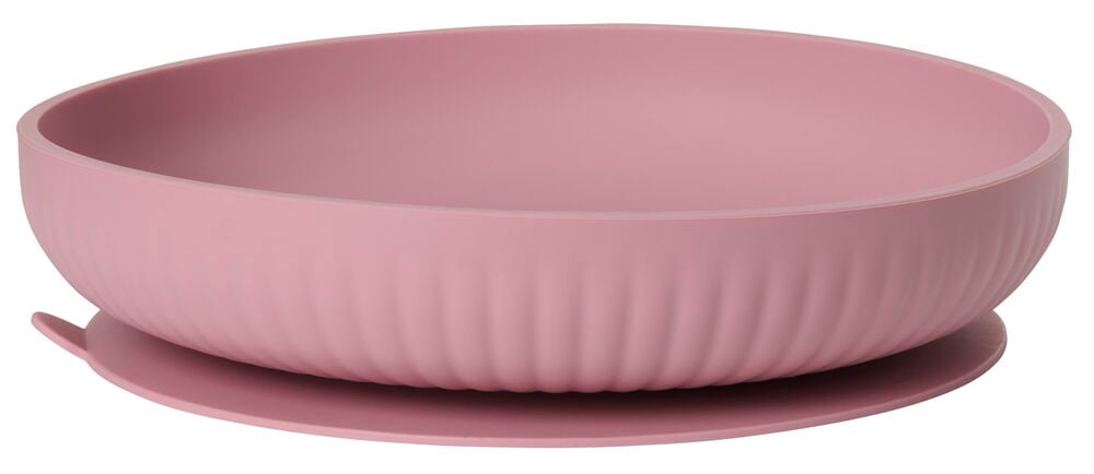 Rund rosa barnskål i silikon med sugpropp.
