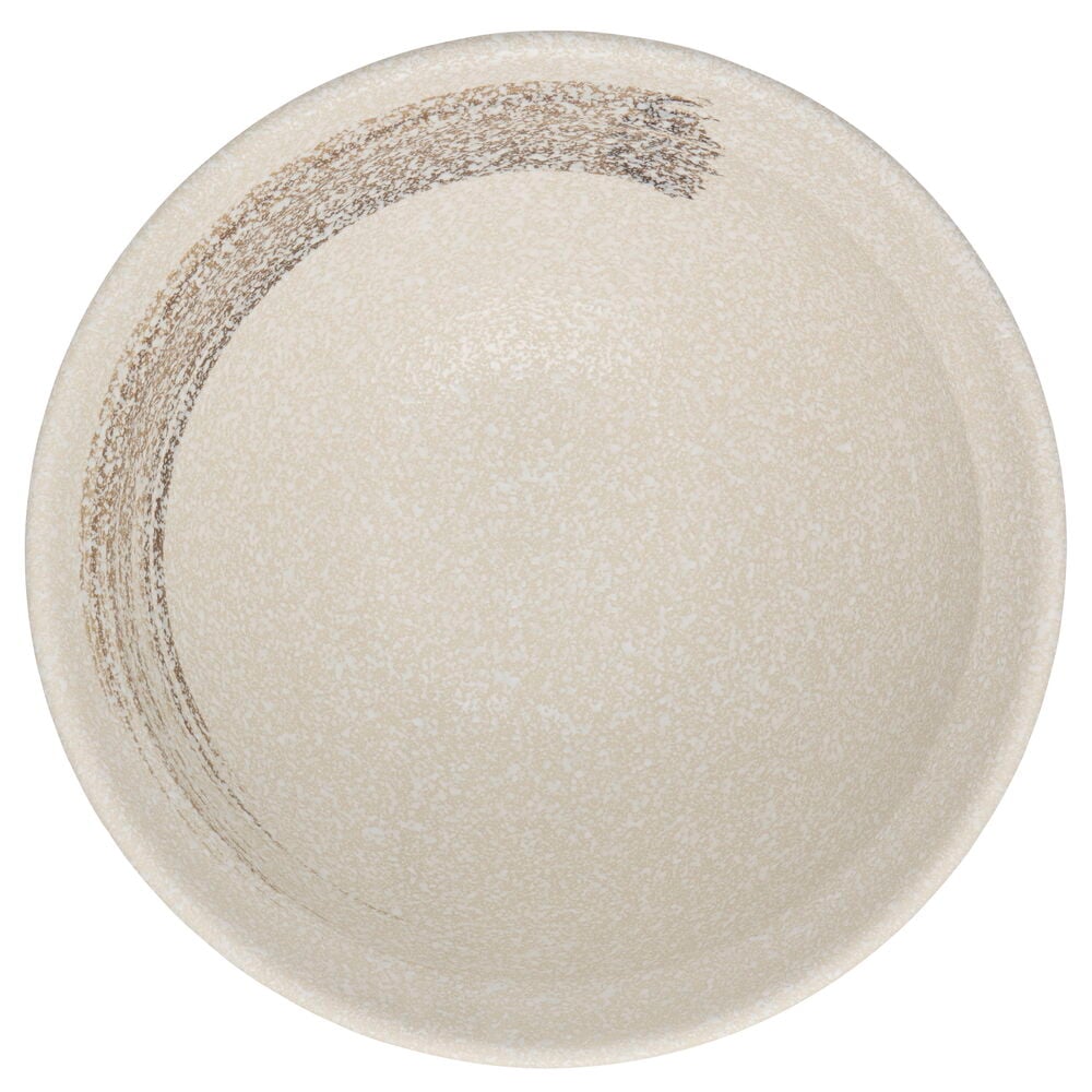 Beige Steingut-Ramenschale mit gesprenkelter Textur und einem geschwungenen braunen Pinselstrich.