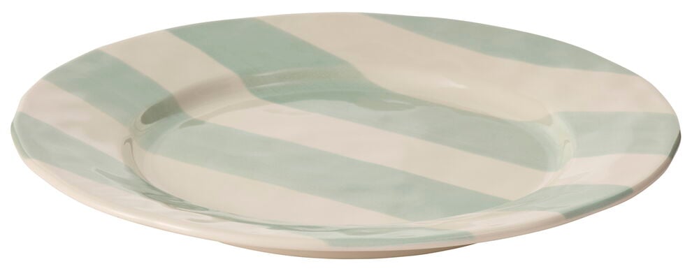 Vihreä-valkoinen lautanen, jossa on leveitä vinoraitoja.