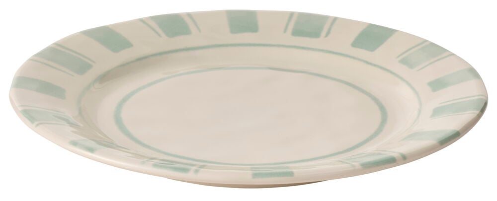 Vihreä kivikeramiikkalautanen koristeellisella kuvioinnilla.