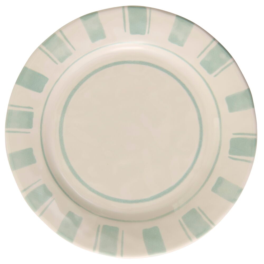 Vihreä kivikeramiikkalautanen, jossa on käsinmaalattu kuvio.