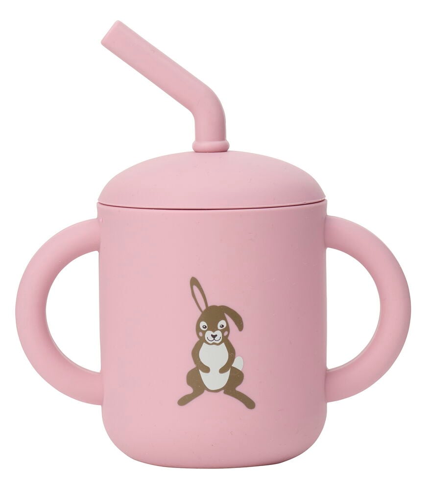 Rosa Elsaform Kids Silikon mugg med två handtag, sugrör och en brun kaninillustration framtill.