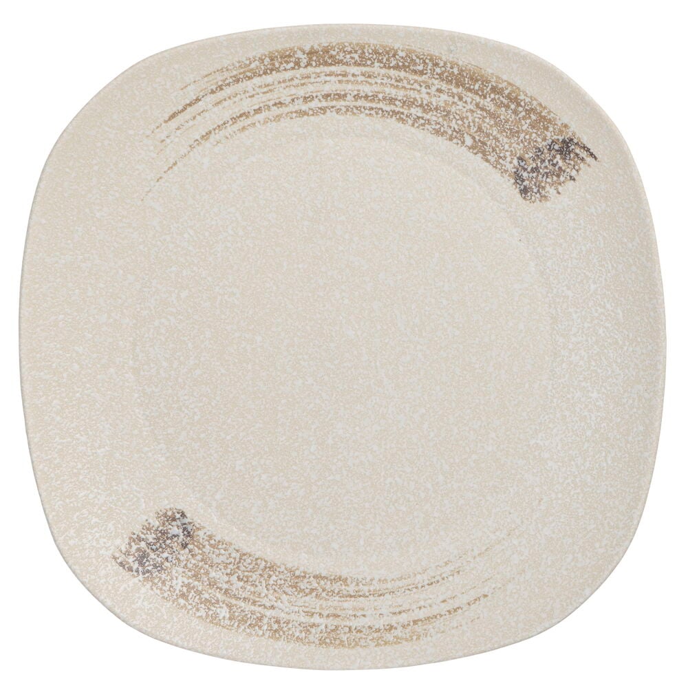 Teller Akari 26 cm Beige Steingut mit texturierter Oberfläche und zwei gebogenen braunen Pinselstrichen.