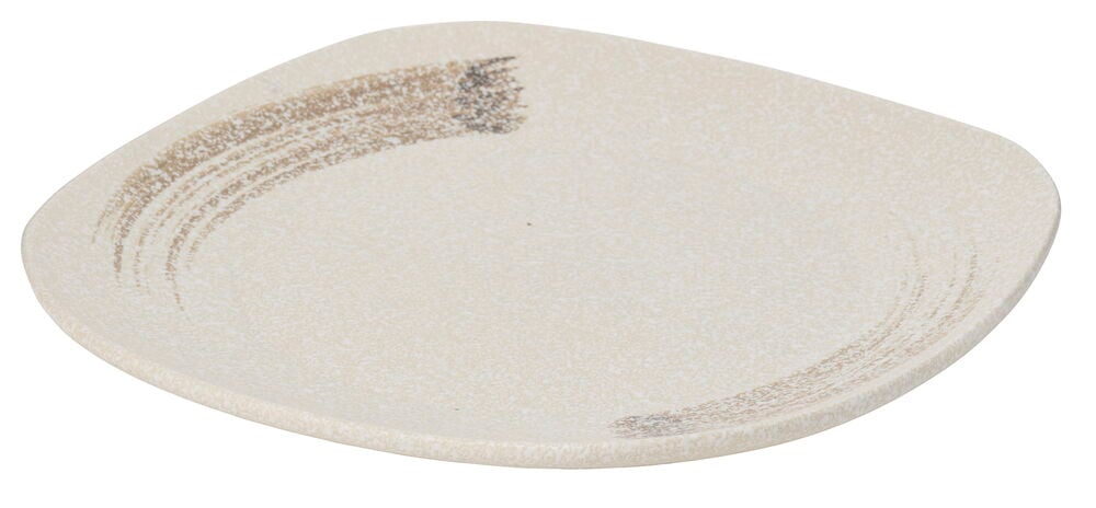 Akari 26 cm beige Steingut Teller mit unregelmäßiger Form und abstraktem braunem Pinselstrichmuster.