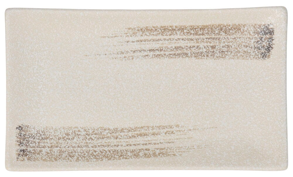 Akari 25 cm Steingut Sushiteller, cremefarben mit zwei horizontalen braunen Pinselstrichmustern.