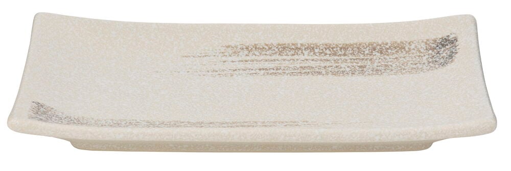 Sushiteller Akari 25 cm Steingut, cremefarben, rechteckig, strukturiert mit braunen Pinselstrichen.