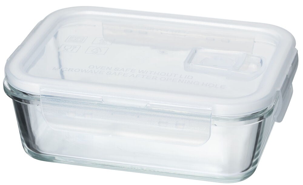 Rechteckige Glas-Lunchbox mit transparentem Kunststoffdeckel.