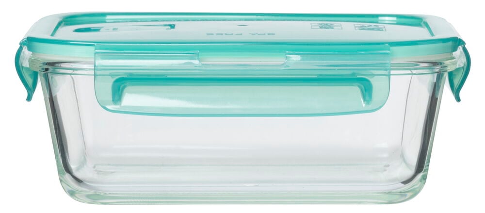 Lasinen eväslaatikko turkoosilla muovikannella.