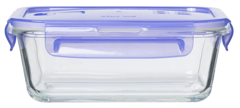 Suorakulmainen lasilaatikko, jossa on violetti muovikansi.