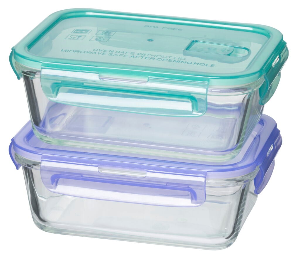 Zwei Glasbehälter mit Plastikdeckeln in verschiedenen Farben.