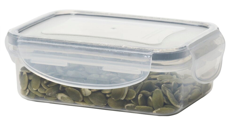 Suorakulmainen muovilaatikko, jossa on läpinäkyvä kansi ja siemeniä.