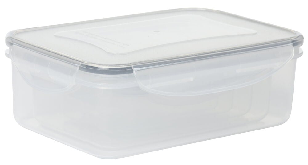 Suorakulmainen läpinäkyvä säilytysastia muovisella kannella.