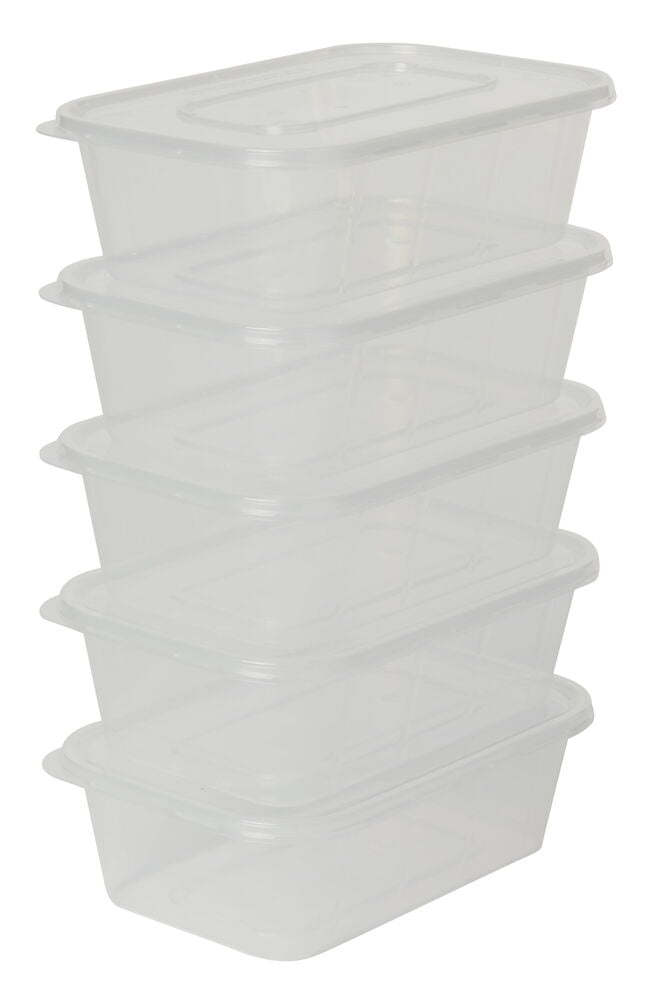 Fünf gestapelte rechteckige durchsichtige Plastikkästen mit Deckel.