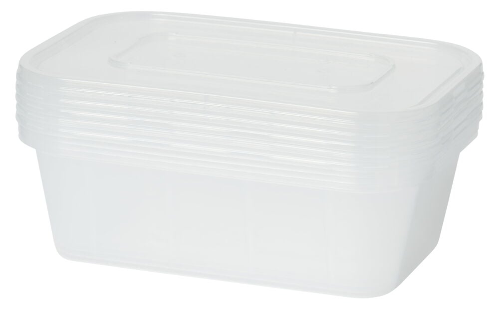 Viisi päällekkäin pinottavaa läpinäkyvää muovista valmistettua ruokalaatikkoa kannella.