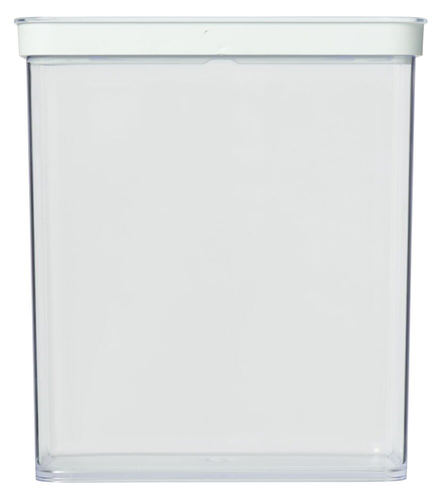 Läpinäkyvä muovisäiliö, jossa on valkoinen ilmatiivis kansi.