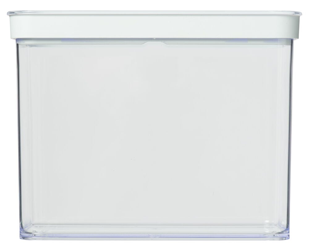 Läpinäkyvä muovisäiliö, jossa on valkoinen ilmatiivis kansi.