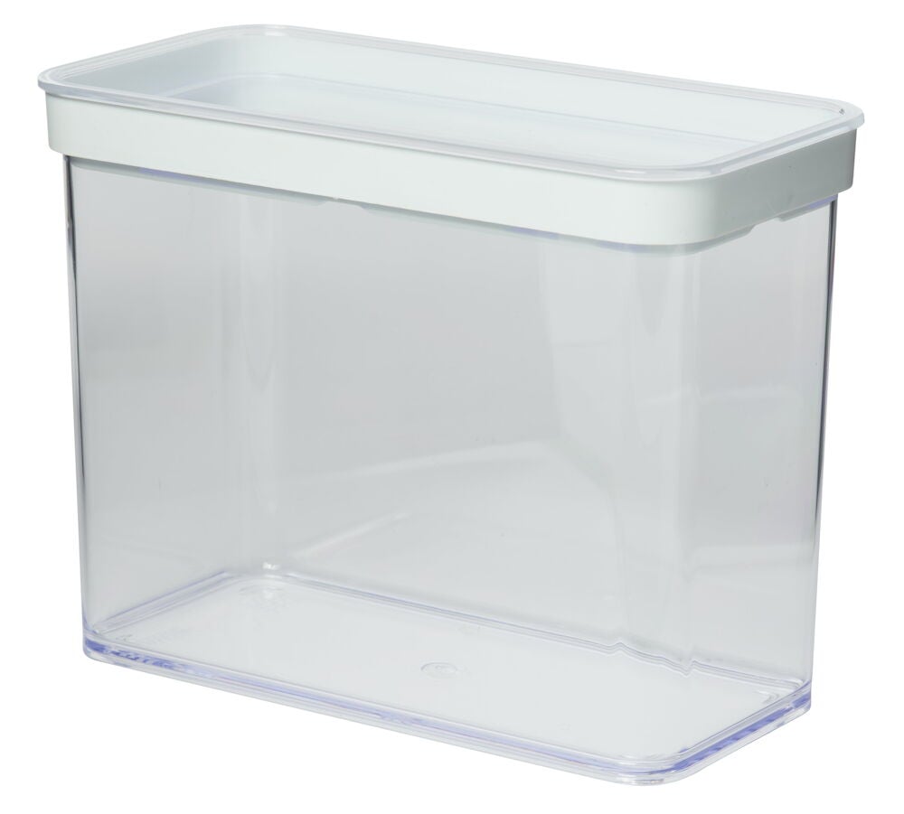 Rektangulär genomskinlig plastburk med vitt lock.