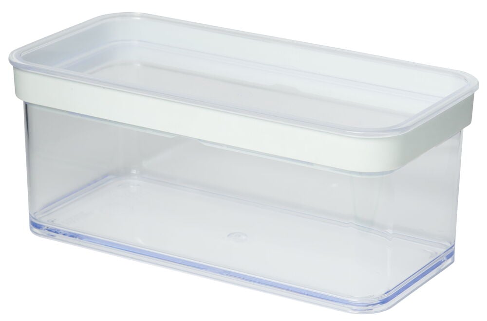Transparent lufttät plastburk med vitt lock.