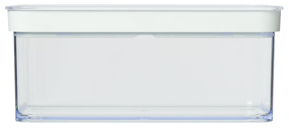 Läpinäkyvä muovipurkki, jossa on valkoinen tiiviisti sulkeutuva kansi.