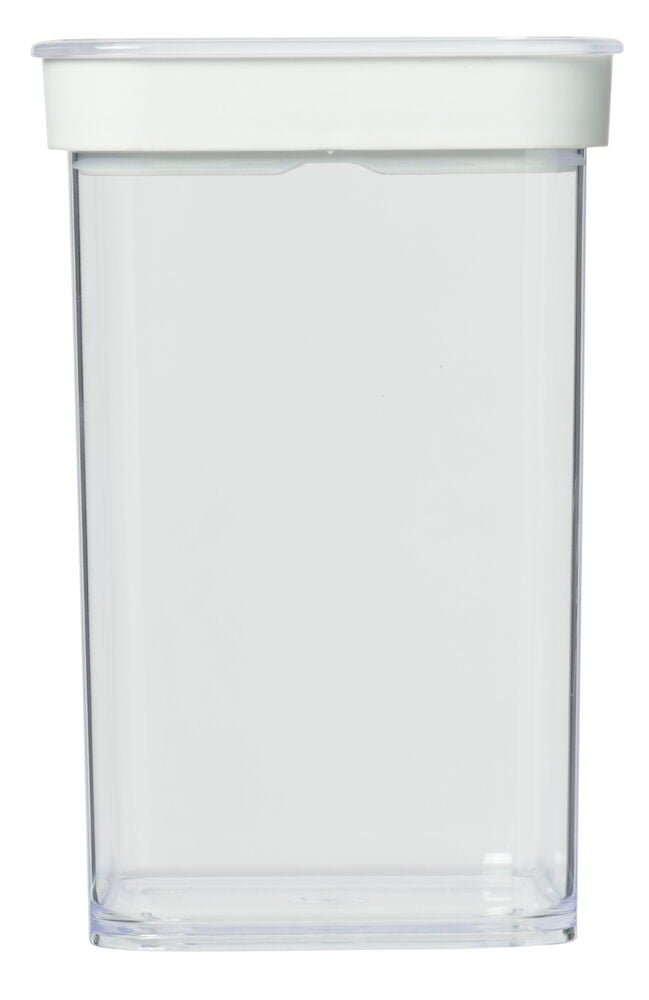 Läpinäkyvä ilmatiivis säilytyspurkki, jossa on valkoinen kansi.